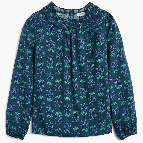 J. Crew Tops - J. Crew Ruffleneck Teal Purple Floral Long Sleeve Poplin Blouse Large
